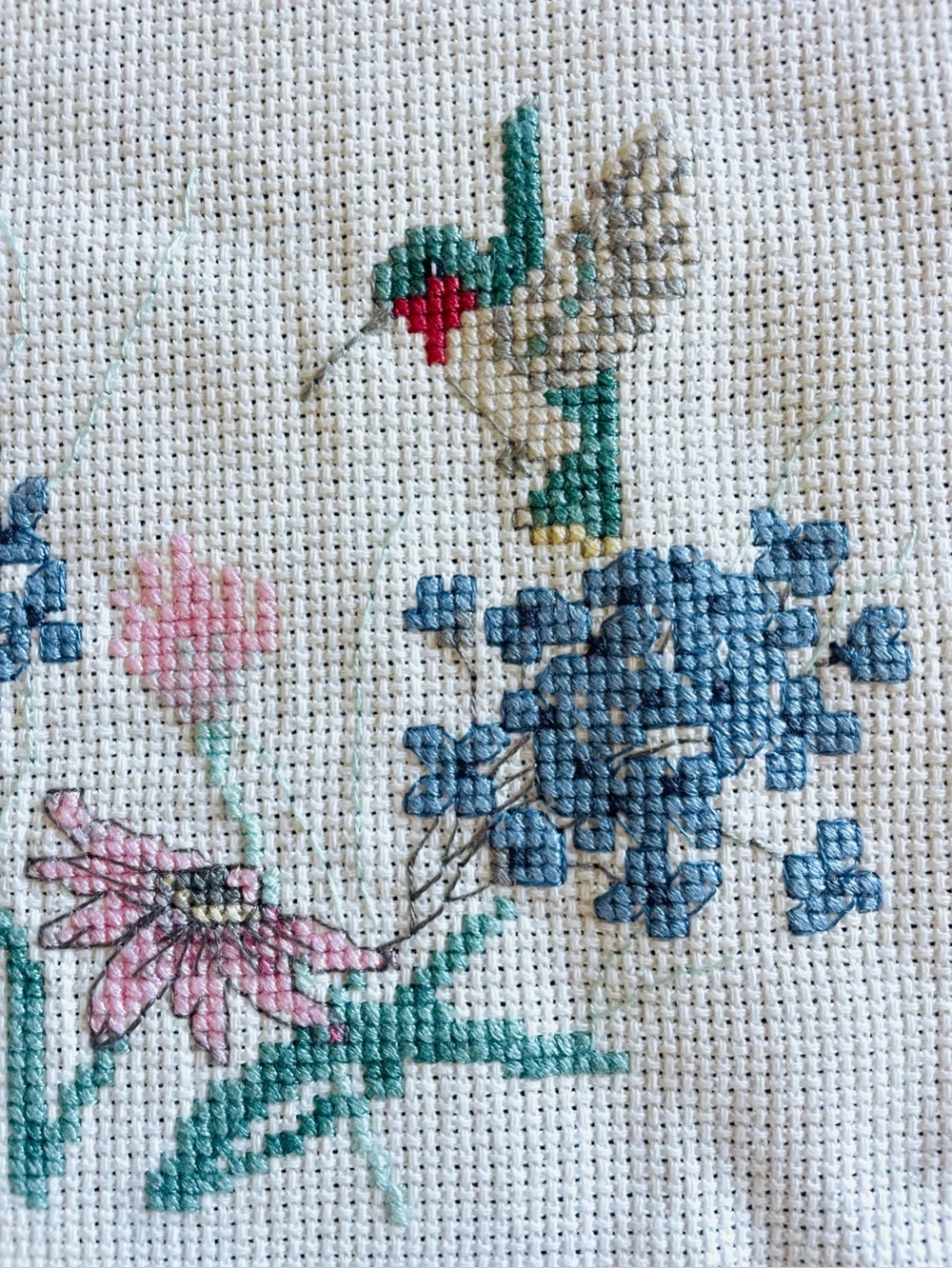 Handmade Cross Stitch Embroidery Hummingbird & Flowers Wall Art 11x17
